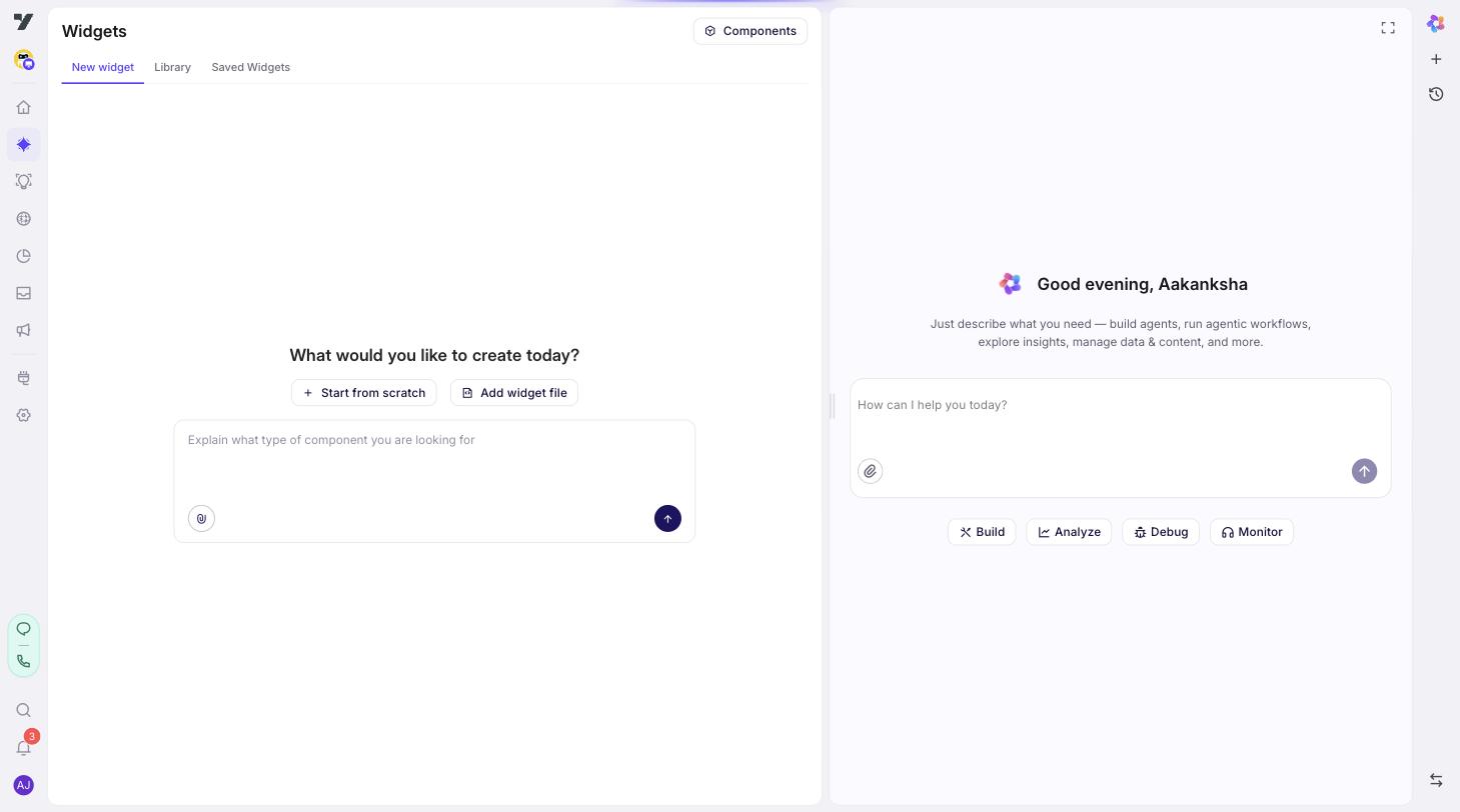 Widget Builder start screen — top tabs (New widget, Library, Saved Widgets), the "What would you like to create today?" prompt with Start from scratch and Add widget file buttons, and a free-text "Explain what type of component you are looking for" input with a send button
